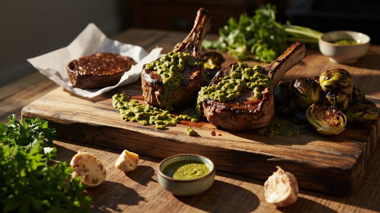 Lamb Chops with Charred Brussels Sprouts and Pumpkin-Seed Chimichurri