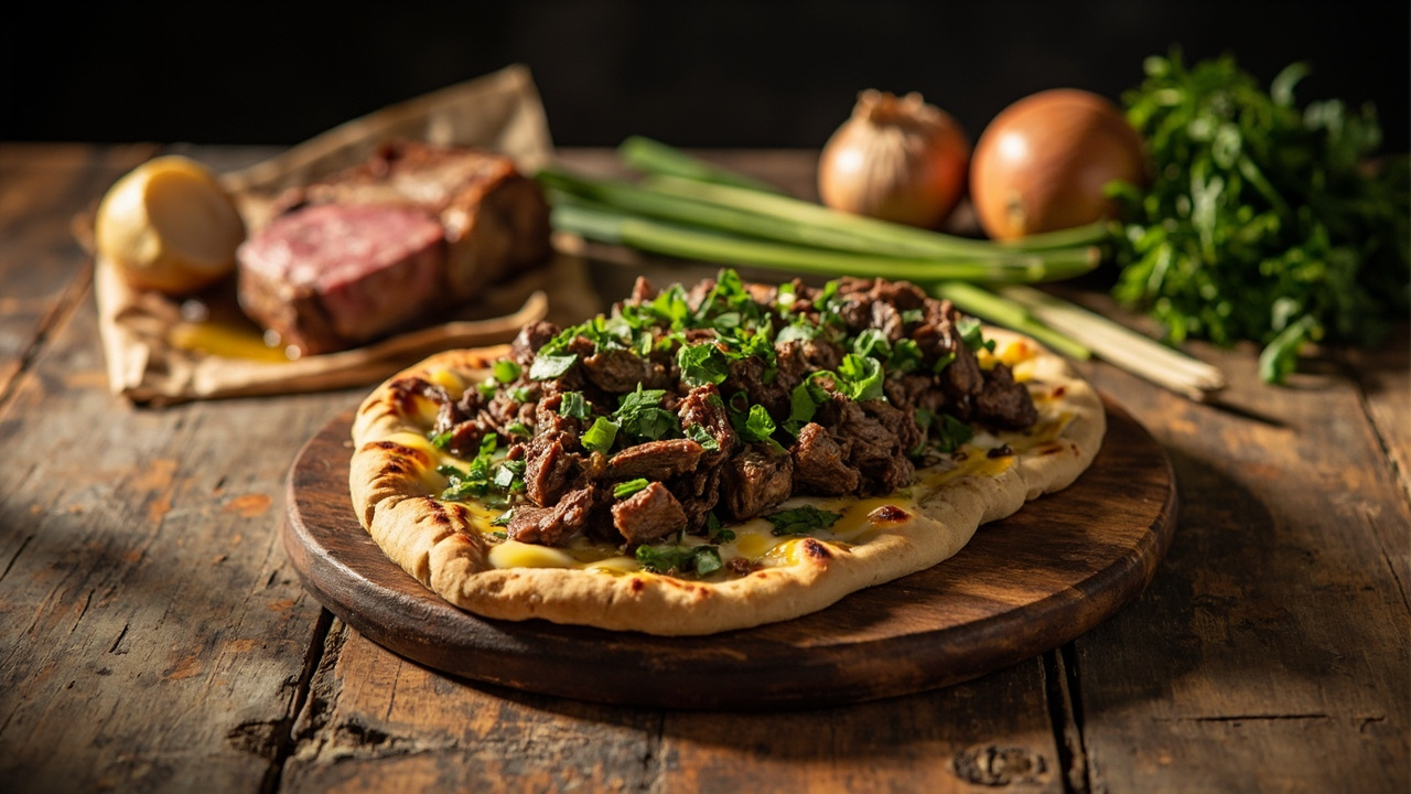Lamb Flatbread with Charred Scallion and Mint