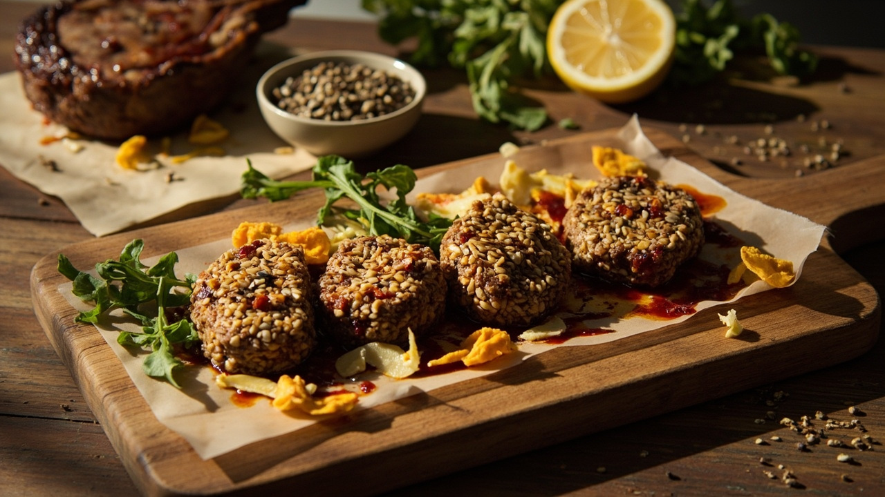 Lamb Medallion Seed Crust Bites with Manchego and Hot Sauce