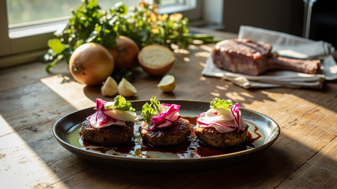 Lamb Patties with Pickled Radish and Balsamic