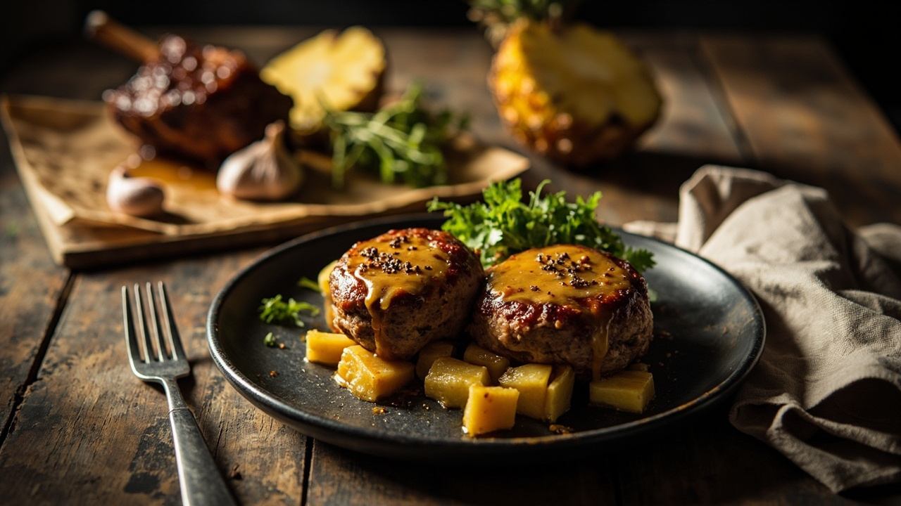 Lamb Patties with Pineapple and Sharp Mustard Glaze