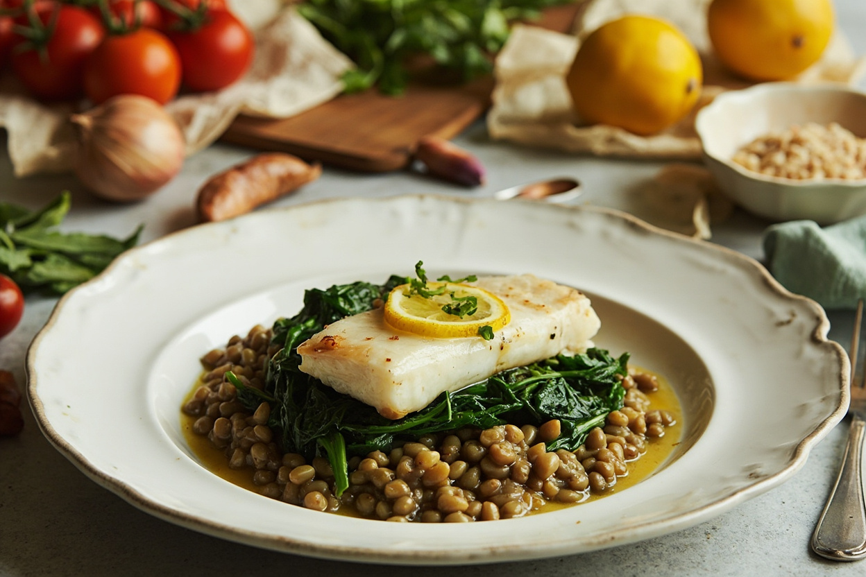 Lemon-Garlic Cod over Lentils and Spinach
