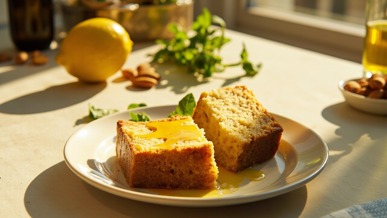 Lemon Olive Oil Almond Cake with Honey and Mint