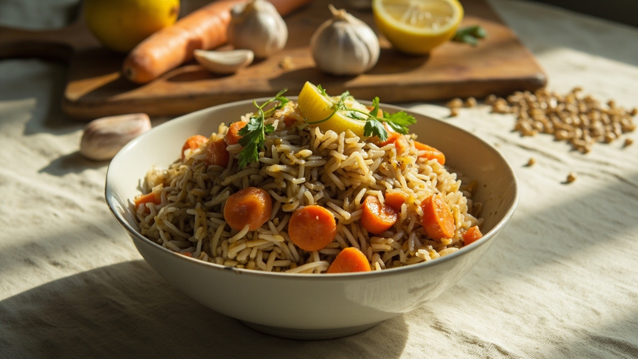 Lentil and rice pilaf with tender carrots