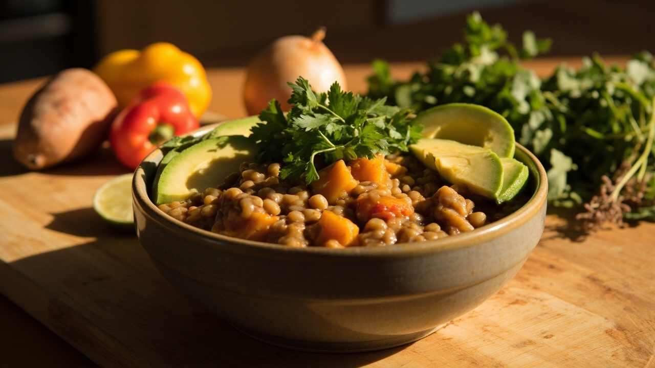 Lentil Stew with Sweet Potato and Avocado