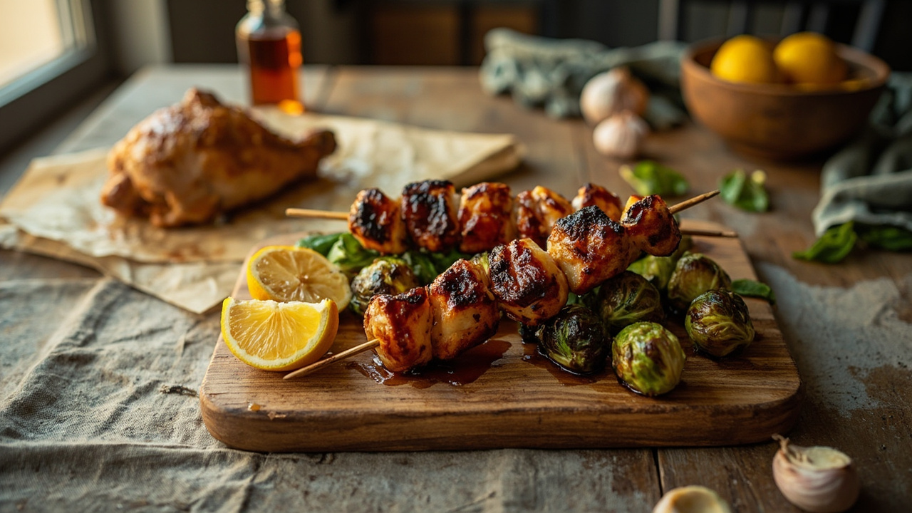 Maple Glazed Chicken Thigh Skewers with Charred Brussels Sprouts