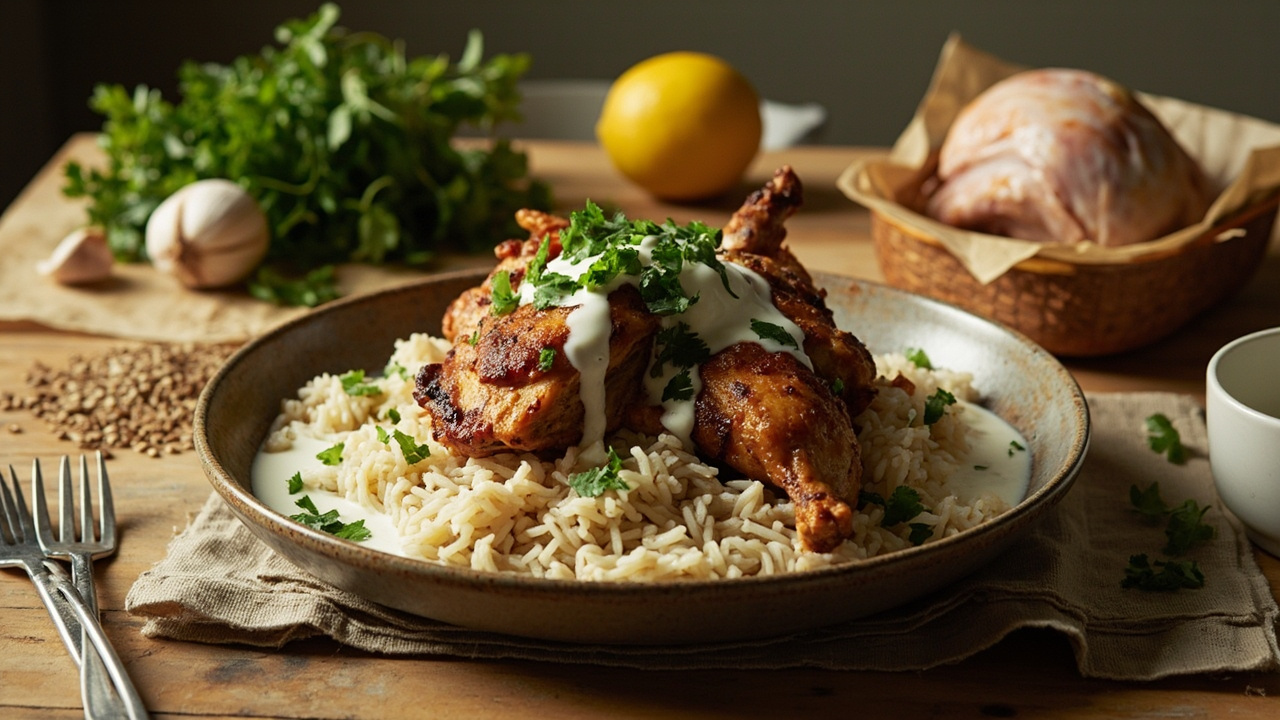 Mediterranean-Spiced Chicken Thighs on Basmati Rice with Garlicky Yogurt
