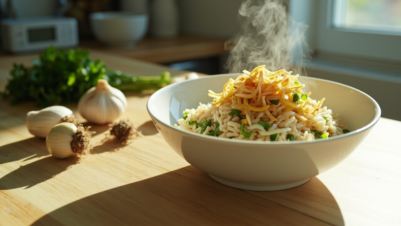 Microwave Garlic Yogurt Rice with Crispy Shallots