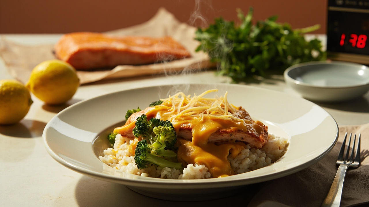 Microwave Salmon and Broccoli Cheesy Bowl