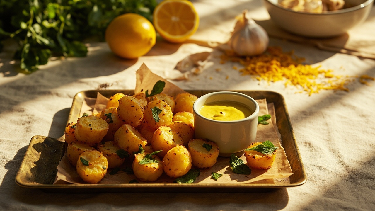 Mint and Lemon Roasted Potato Bites with Saffron Aioli