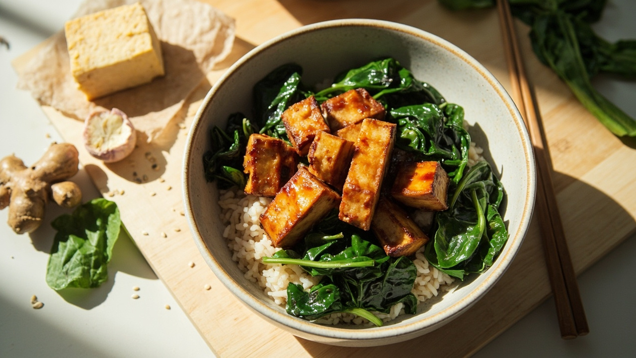 Miso-Free Teriyaki Tofu Bowl with Sesame Spinach