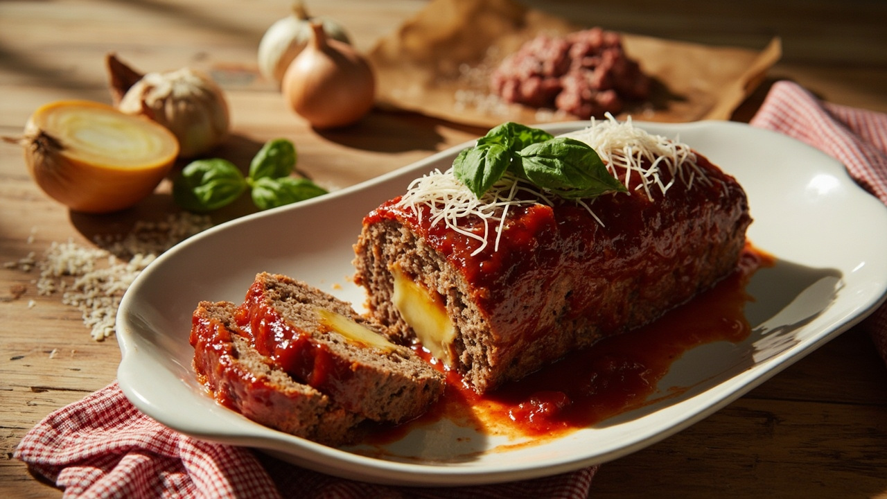 Mozzarella-Stuffed Meatloaf with Red Sauce