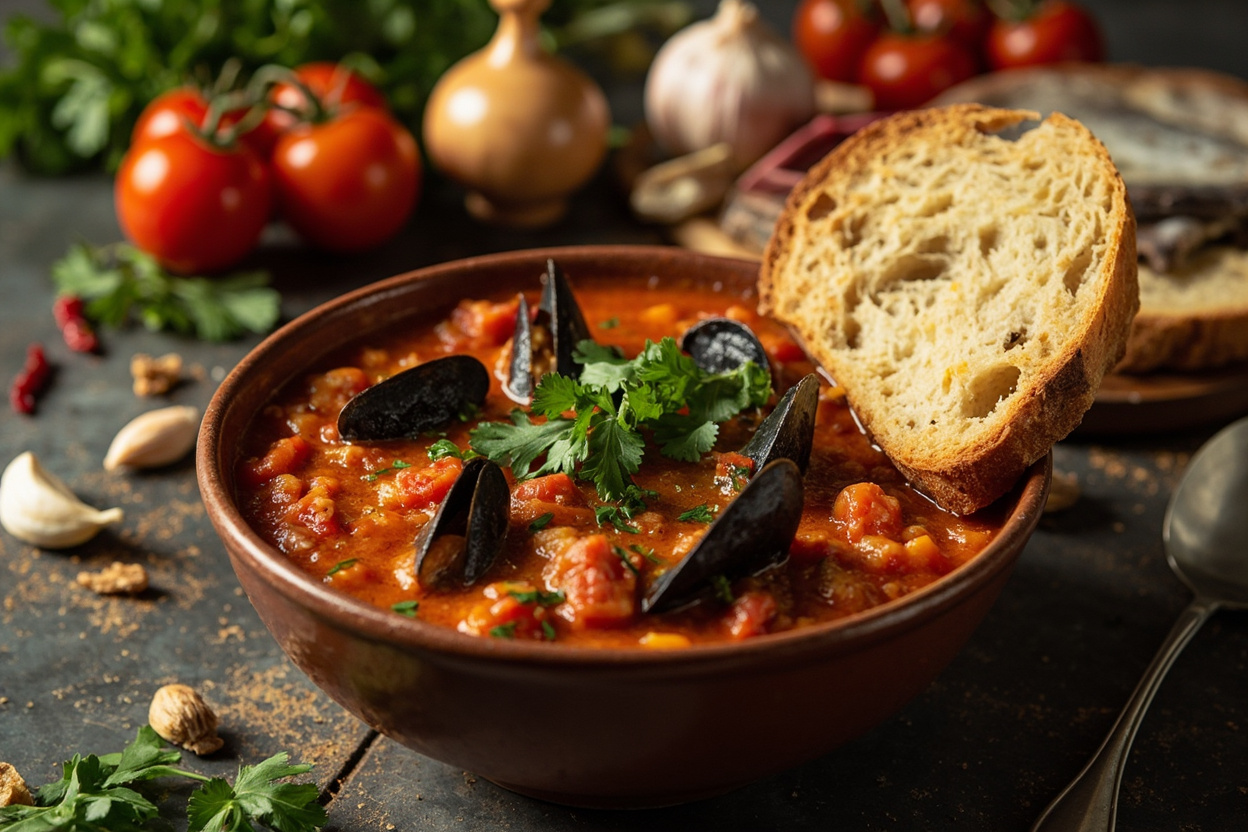 Mussel and Tomato Zuppa with Garlic Bread