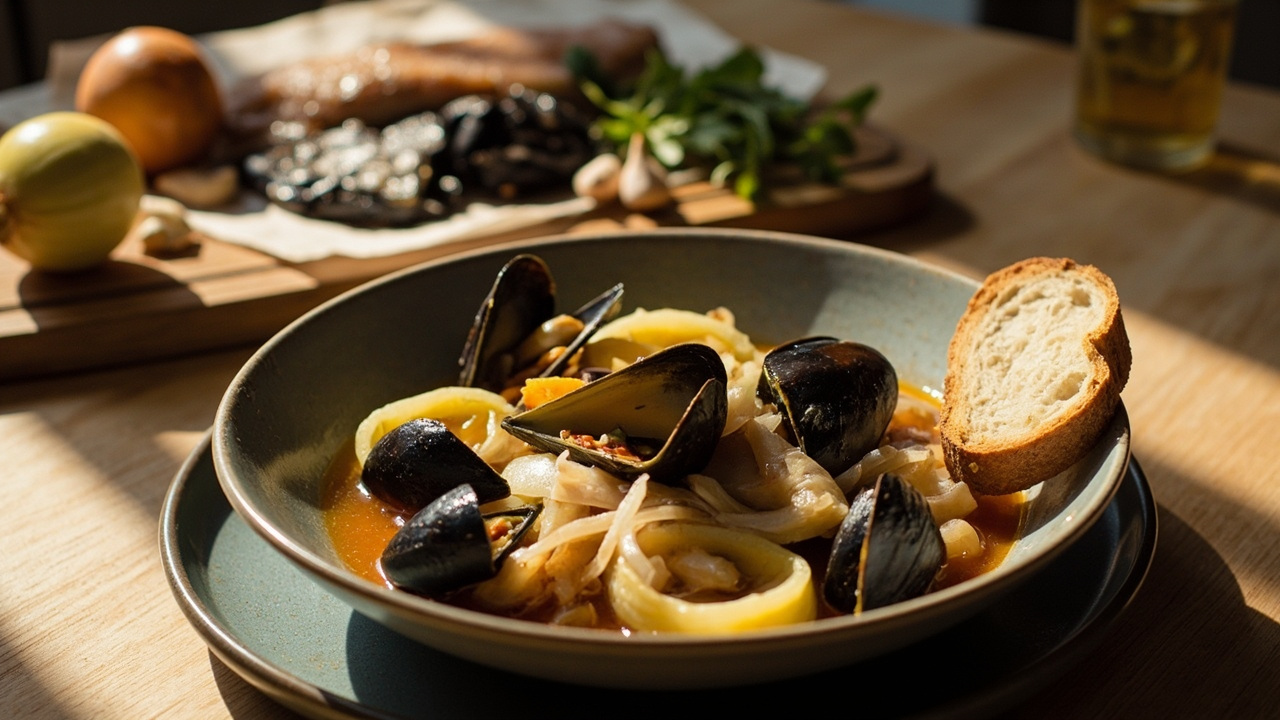 Mussels and Cod Braised with Potato and Onion