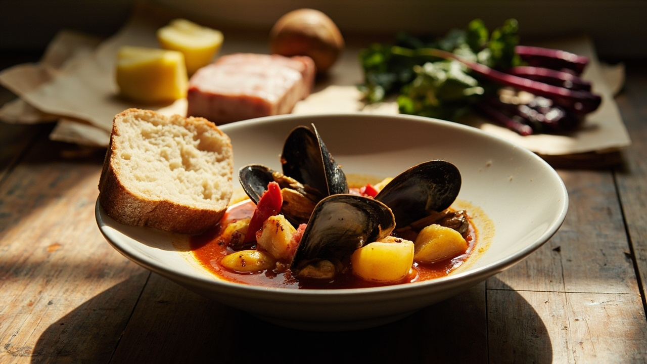 Mussels and Potato Stew with Paprika and Chard