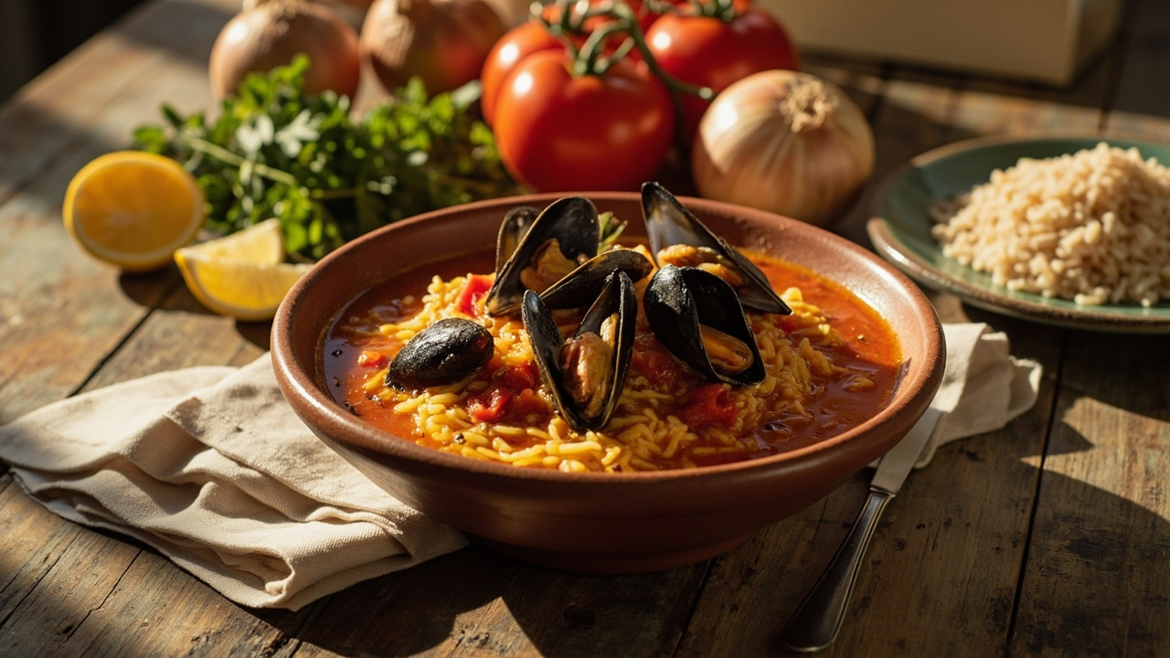 Mussels in Saffron Tomato Broth over Rice