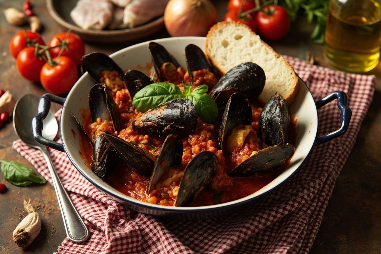 Mussels Marinara with Crusty White Bread