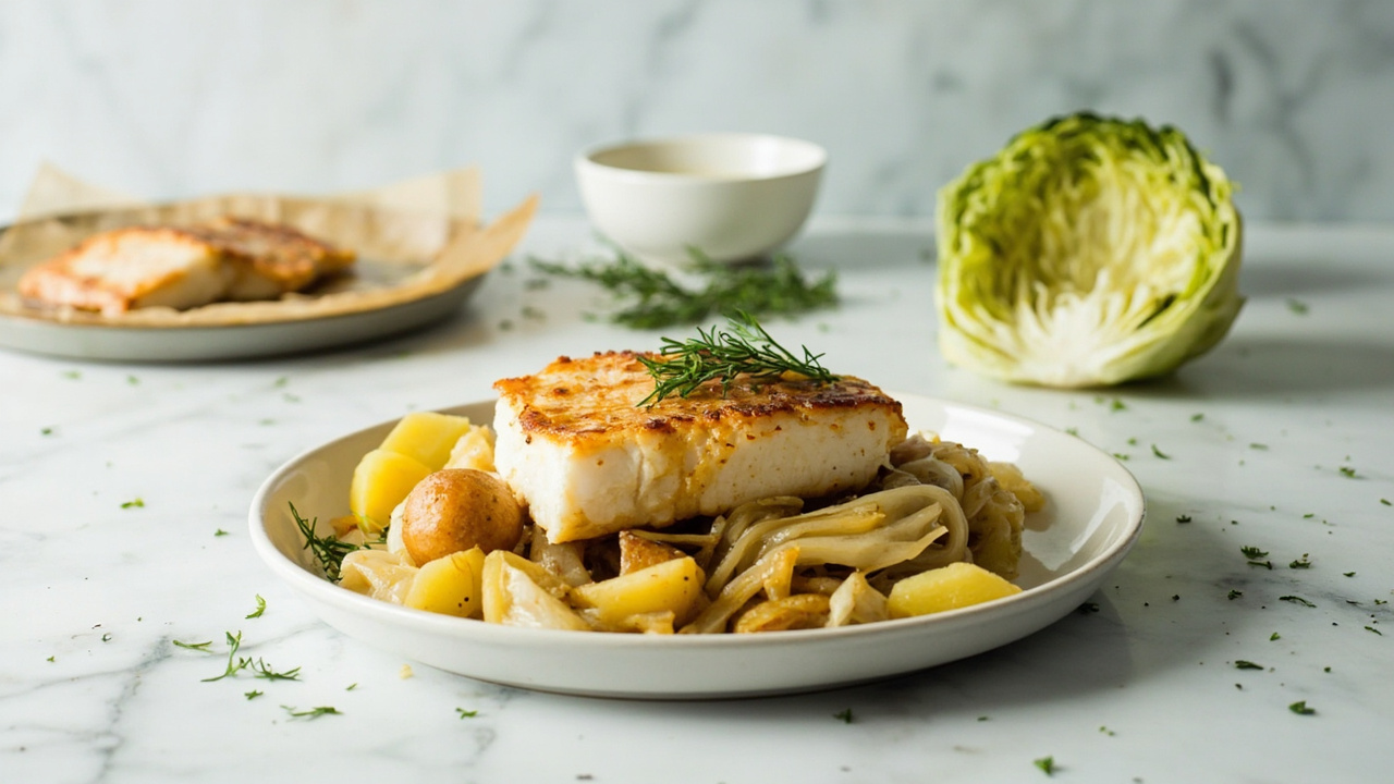 Mustard-Glazed Cod with Braised Cabbage and Potatoes