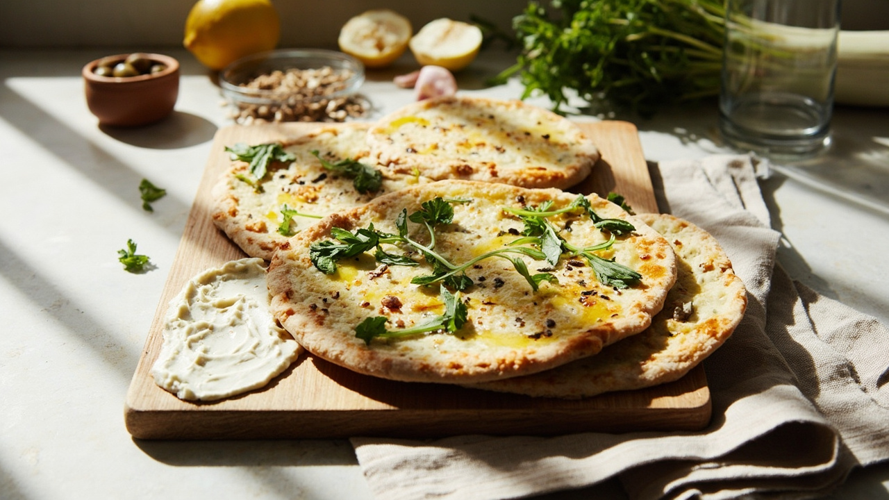 Oat Flour & Fennel Flatbreads with Sunflower Seed Spread and Fresh Herbs