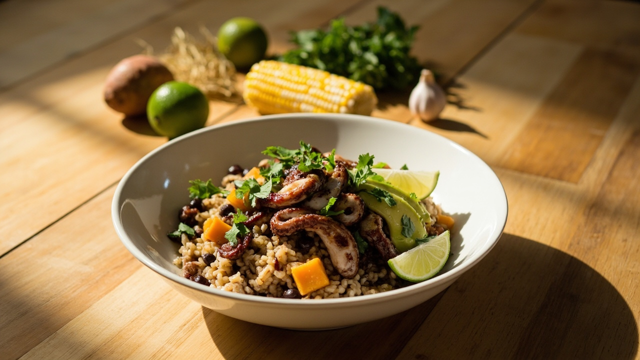 Octopus and Black Bean Brown Rice Bowl with Lime
