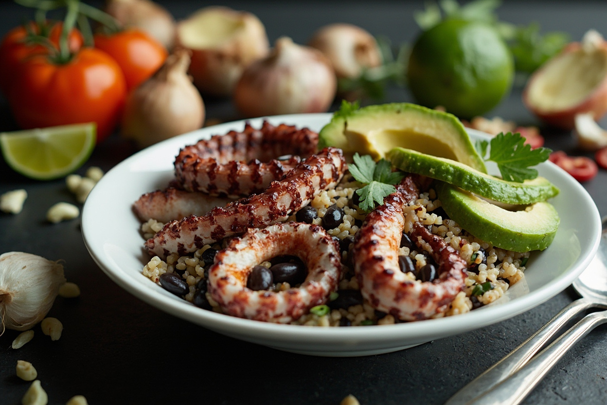 Octopus and Black Bean Quinoa Bowl
