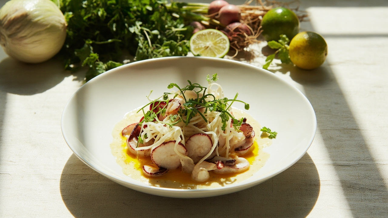 Octopus and Fennel Tiradito with Lime, Radish, and Mint