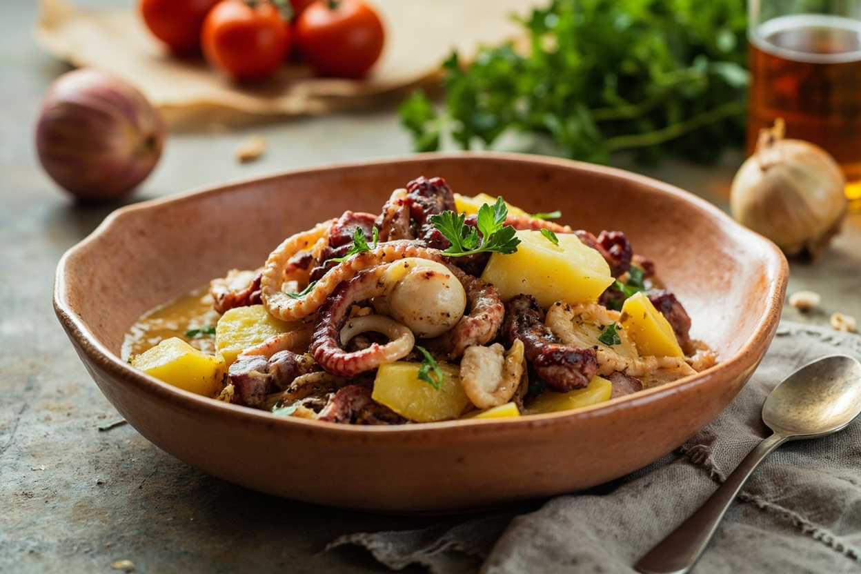 Octopus and Potato Salad, Sharp Onion Dressing