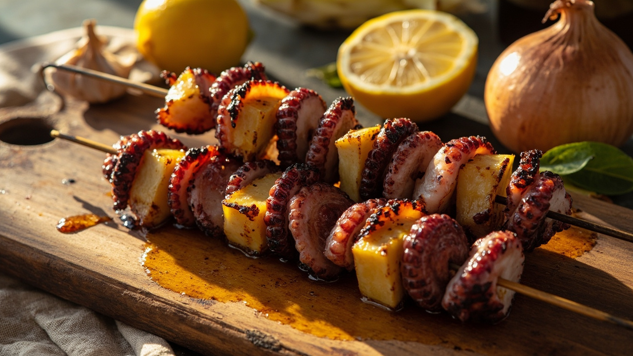 Octopus and Potato Skewers with Smoked Paprika Oil