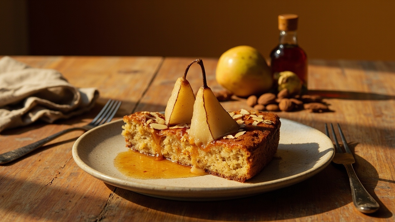 Olive Oil Almond Cake with Roasted Pears and Honey