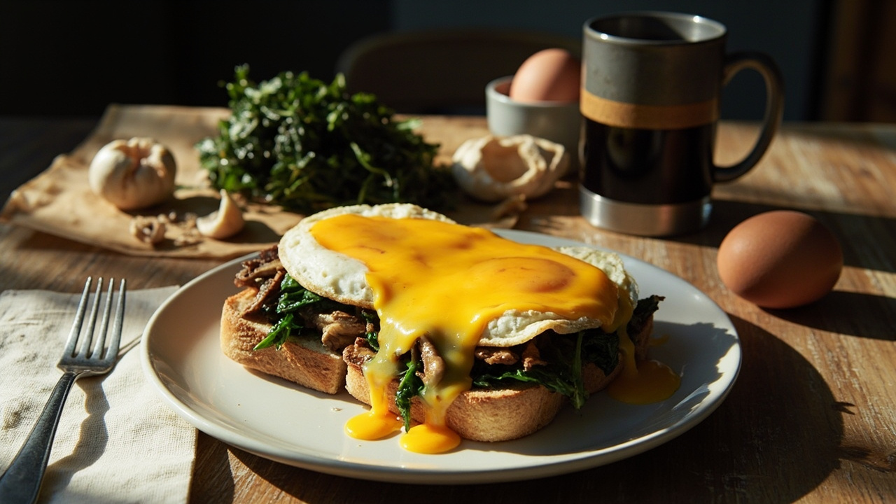 Open-faced Egg Sandwich with Spinach, Mushroom, and Cheddar