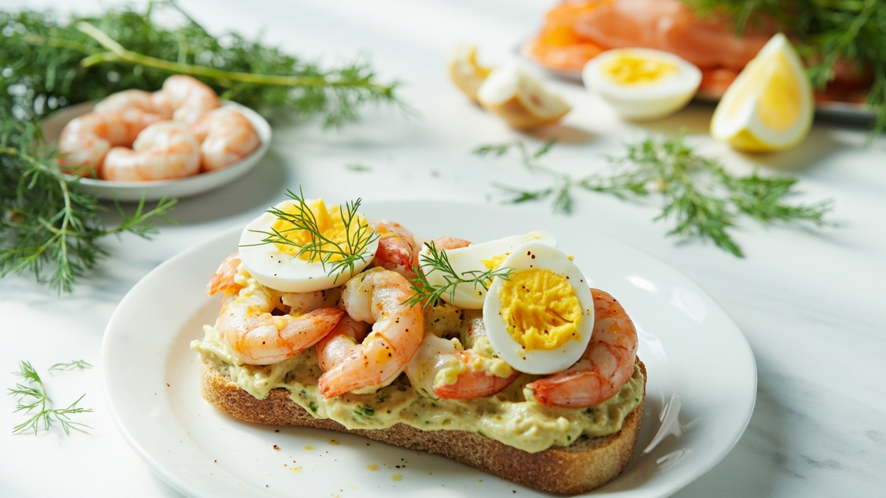 Open-Faced Shrimp and Egg Sandwich with Mustard and Dill