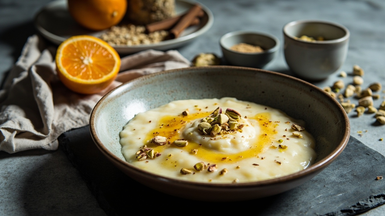 Ottoman Rice Pudding with Orange Blossom and Pistachio