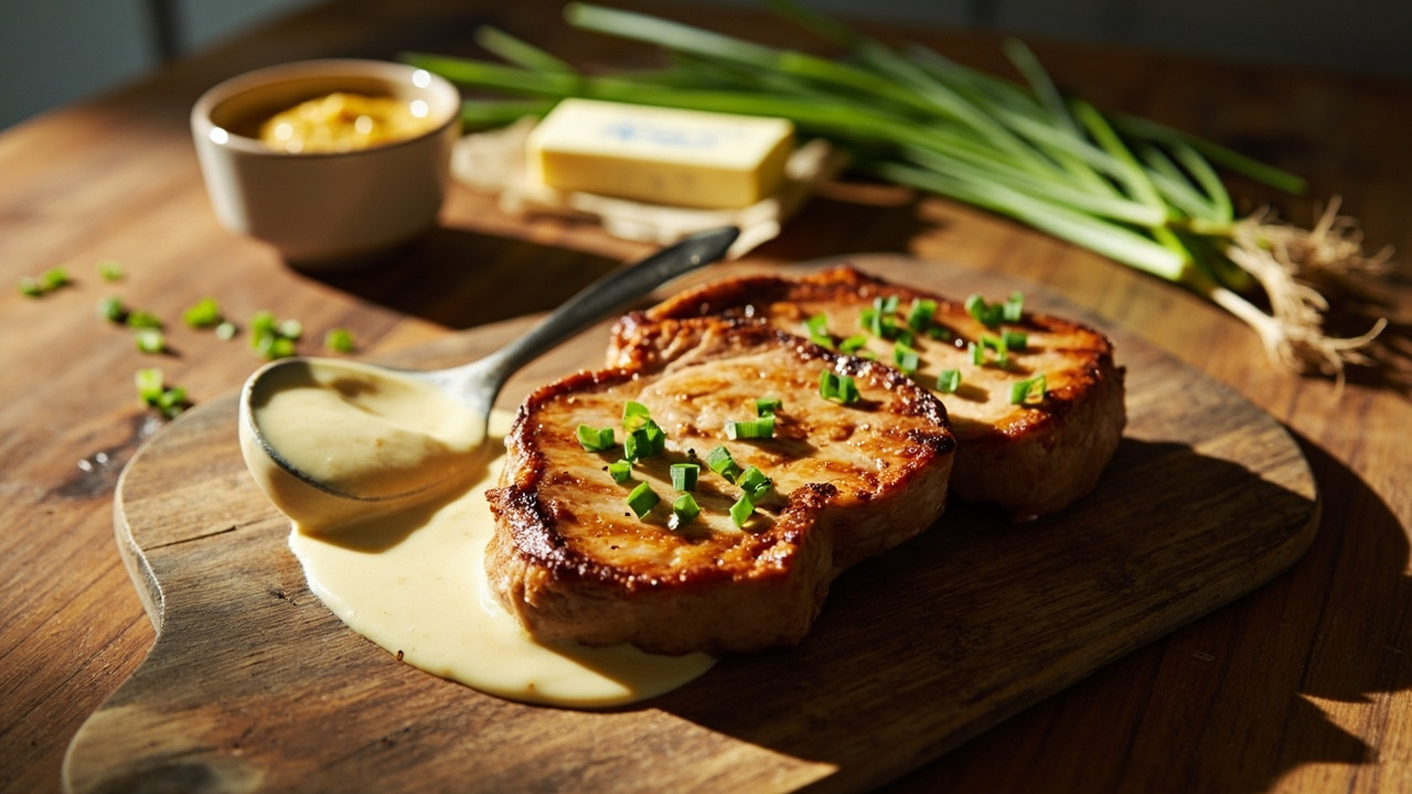 Pan-Seared Pork Loin Steaks with Mustard Cream and Chives