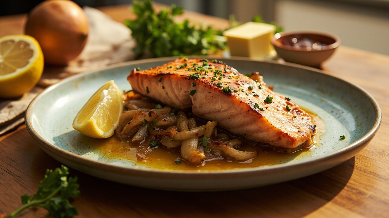 Pan-Seared Salmon with Caramelized Onion and Lemon