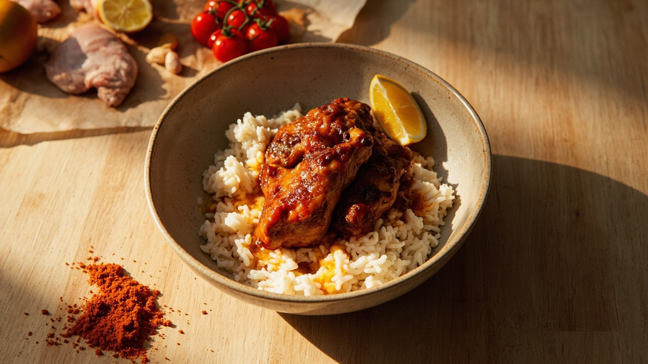 Paprika and Tomato Braised Chicken Thighs with White Rice