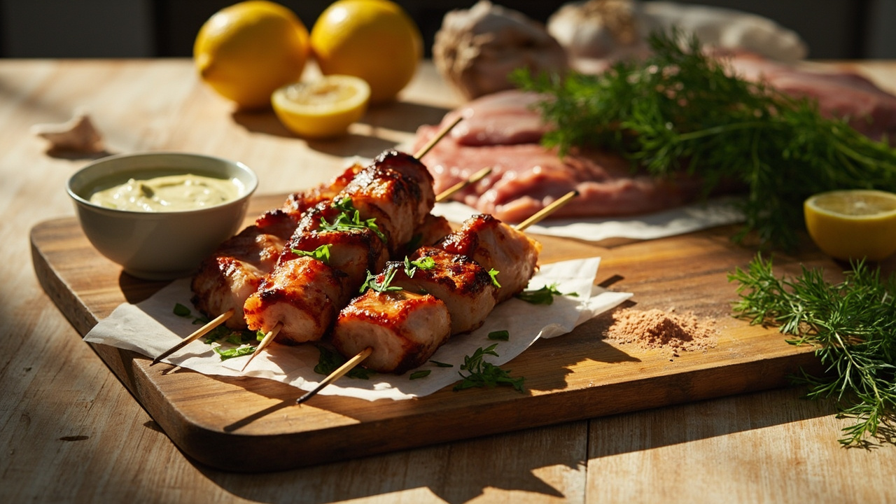 Paprika Pork Belly Skewers with Lemon and Dill