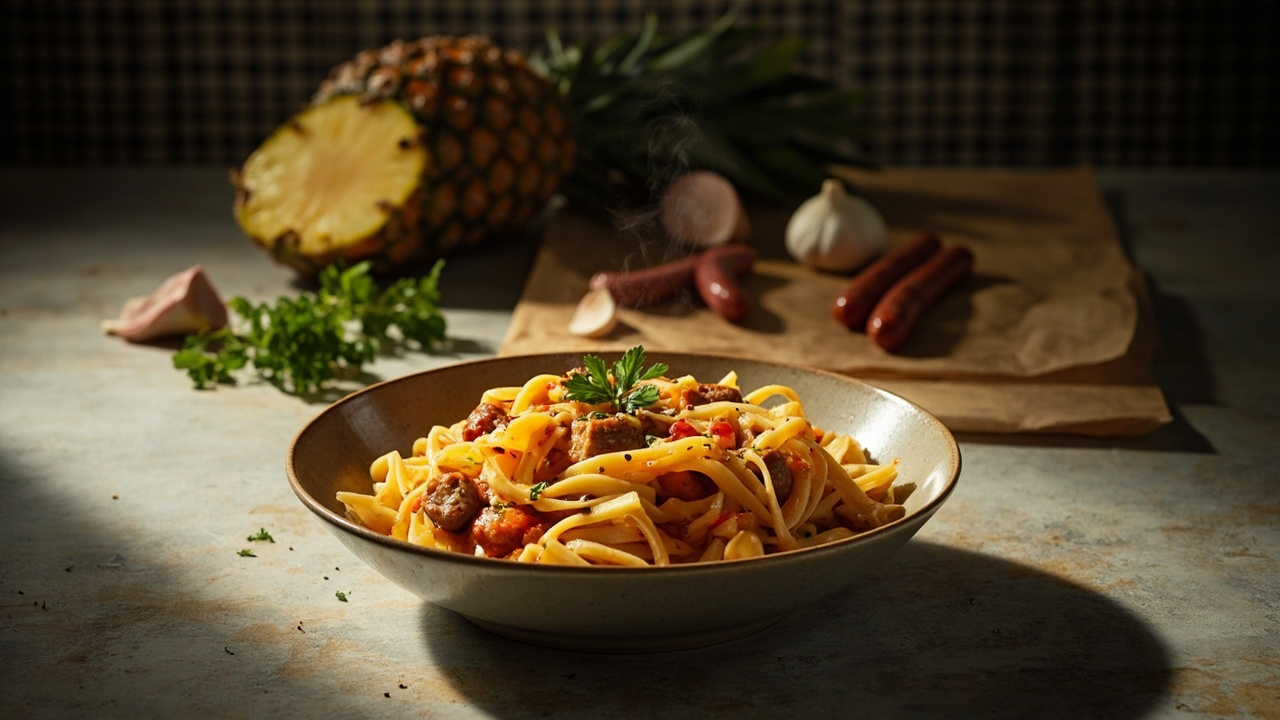 Penne with Sausage, Pineapple, and Sriracha Butter