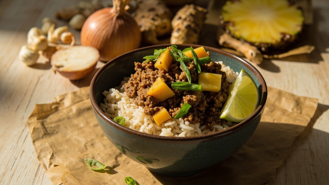 Pineapple Garlic Ground Beef Bowl