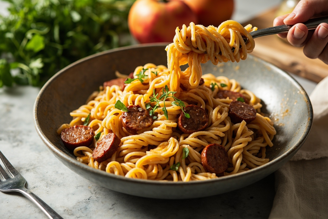 Pineapple-Glazed Pork Sausage Fusilli