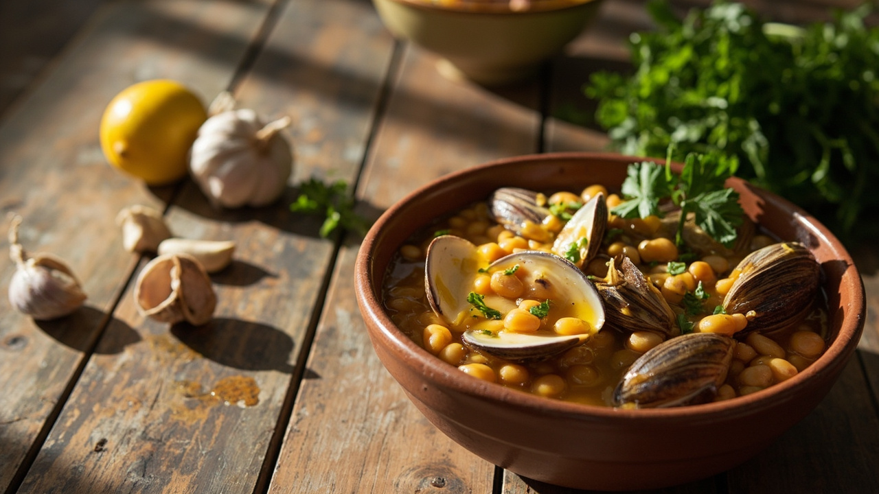 Pinto Bean and Clam Tapa with Saffron Broth