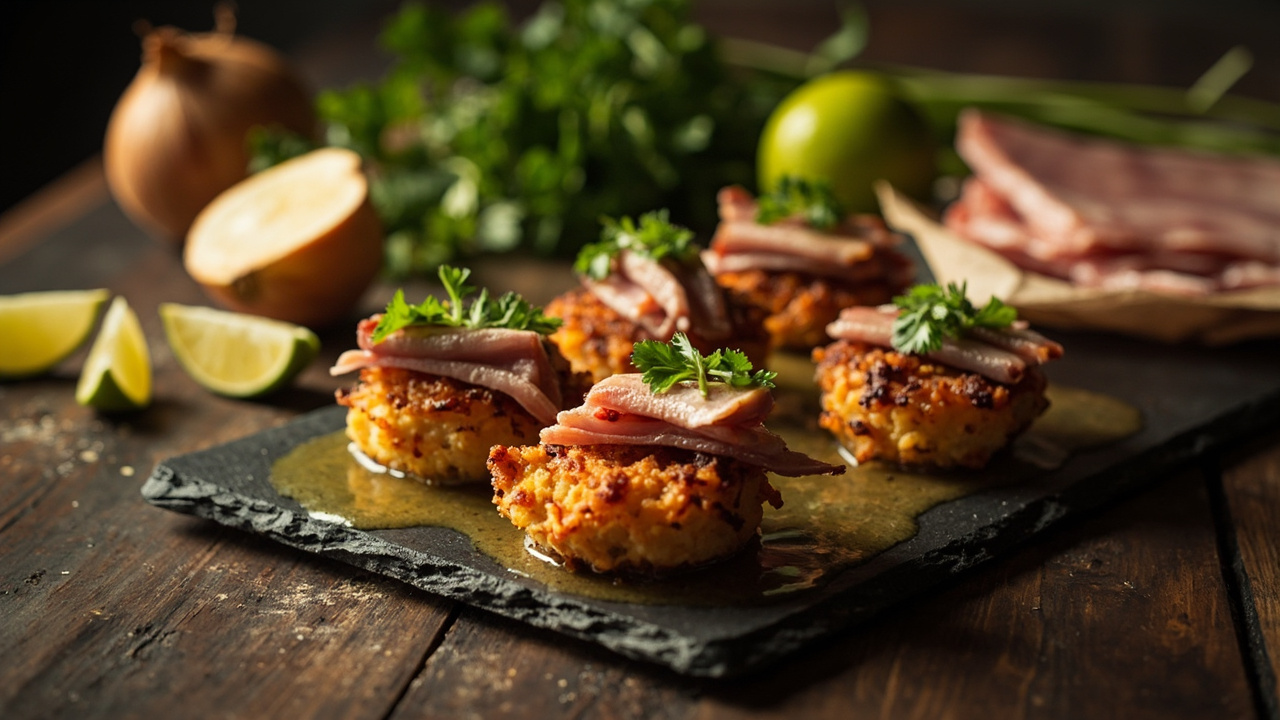 Pinto Bean and Smoked Paprika Fritters with Pork Belly