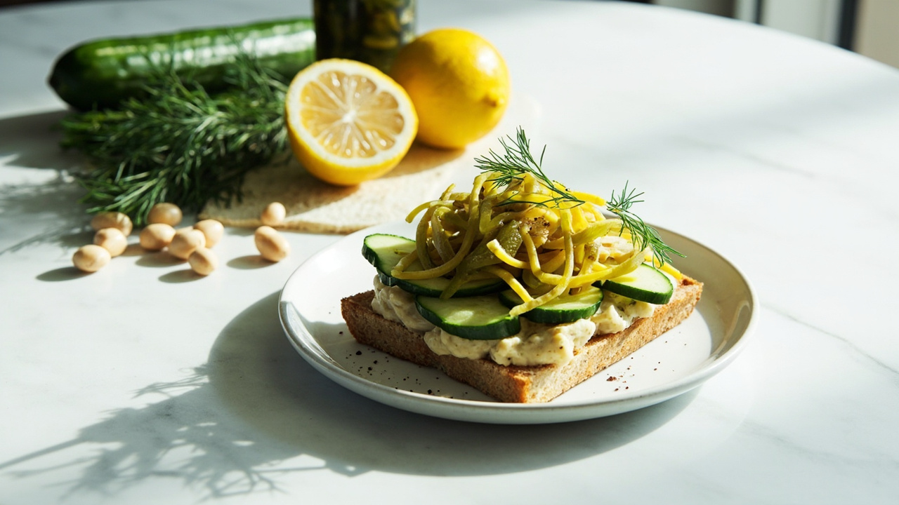 Pinto Bean Smørrebrød with Dill, Mustard, and Pickled Cucumber