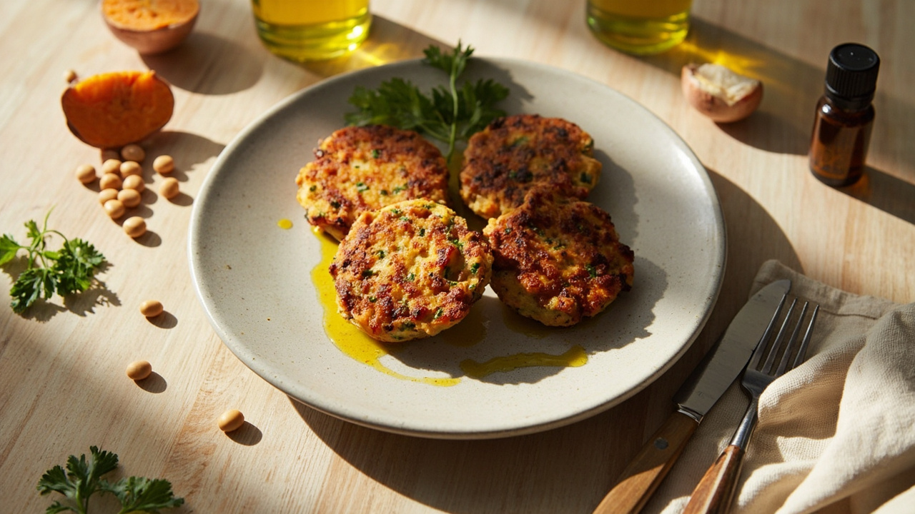 Pinto Bean & Sweet Potato Fritters with Greek Vinaigrette