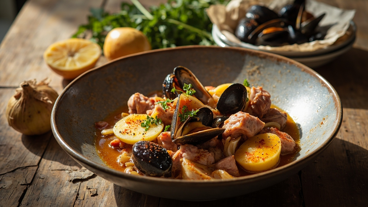 Pork Belly and Mussel Cataplana with Paprika and Sweet Onion