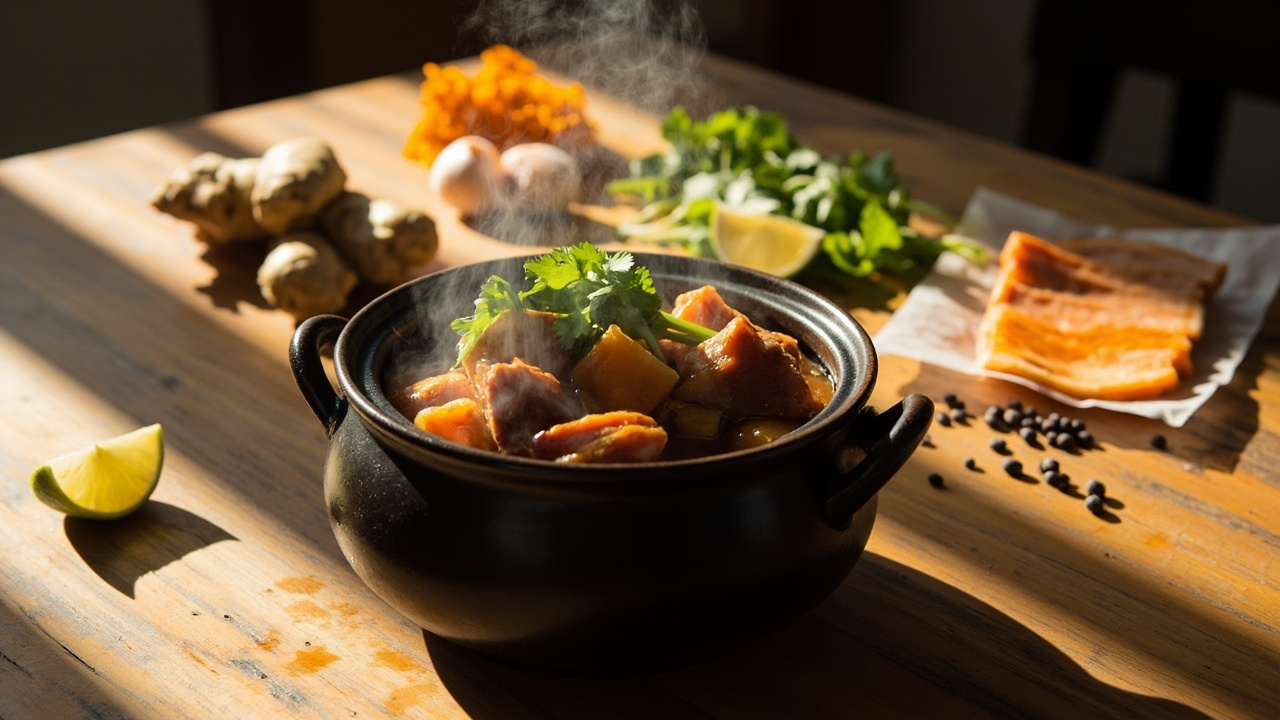 Pork Belly and Sweet Potato Claypot with Turmeric and Black Pepper