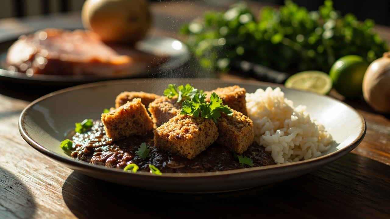 Pork Belly Bites with Almond‑Flour Crust and Black Bean Mash