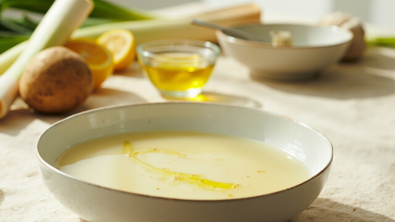 Potato and leek broth with a drizzle of lemon