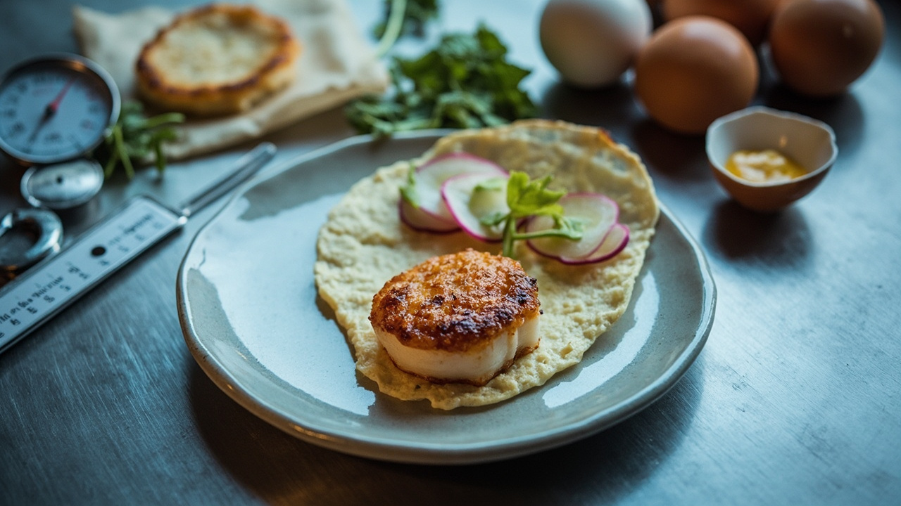 Precision-Seared Scallop with Almond Flour Pancake and Radish