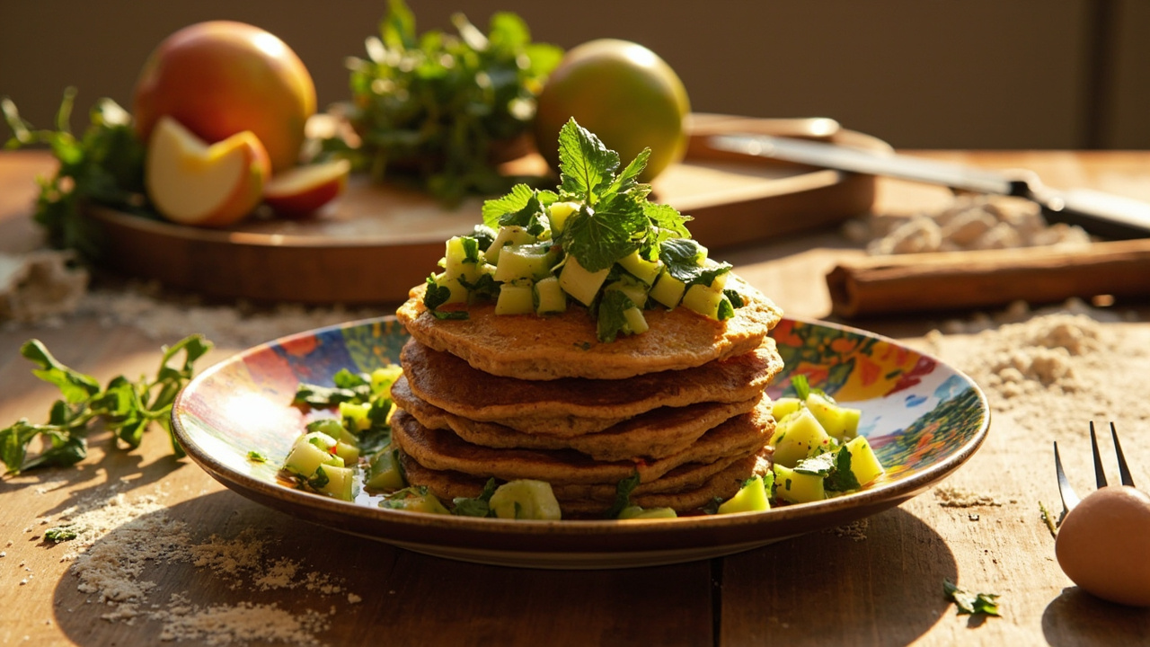 Pumpkin Buckwheat Pancakes with Apple-Mint Salsa