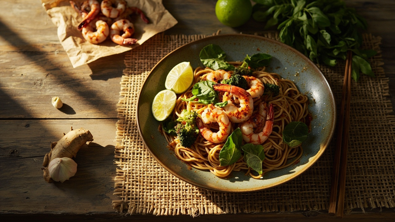 Punchy Shrimp & Broccoli Noodles with Basil